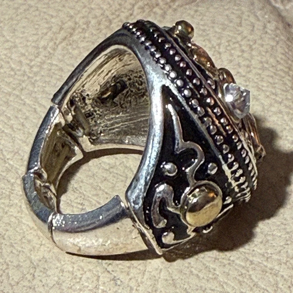 Statement Ring Multi Gemstone Gold and Silver Tone Mixed Metal Adjustable Band - Picture 2 of 12